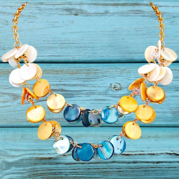 Multi color shell necklace and earring set in blue, beige, and white shell disk - Picture 2 of 12